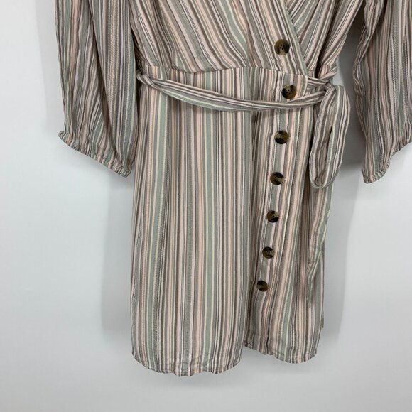 American Eagle Dress Stripe V Neck Wrap Button Down Tie Waist - Picture 6 of 11